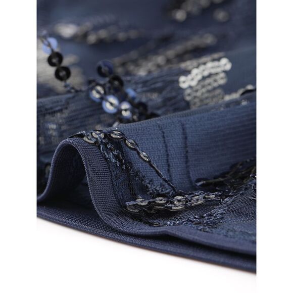 Sequin Shiny Glitter Crop Top Short Sleeves Party Tassel T-Shirt Deep Blue - Picture 5 of 6